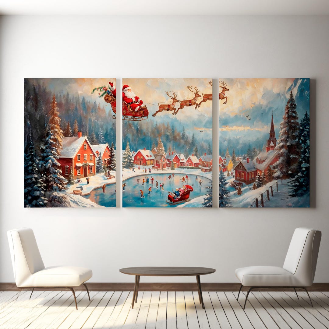 3 Set Vintage Santa Sleigh Wall Art | Cozy Cottage Winter Print ...