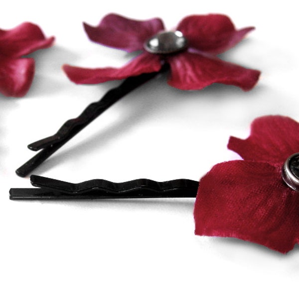 Trio of Glossy Black Bobby Hair Pins each with a Maroon Burgundy Tonal Hydrangea Flower and Unique Round Glossy Coated Curio Center.