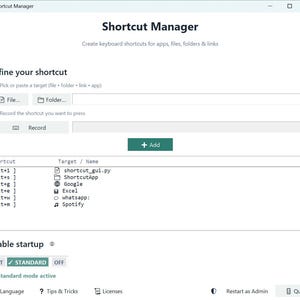Könnte beinhalten: Screenshot der Shortcut Manager-Anwendungsoberfläche. Die Oberfläche enthält Abschnitte zum Definieren von Verknüpfungen, zum Aufzeichnen von Tastenkombinationen und eine Liste vorhandener Verknüpfungen mit ihren Zielen. Der Text "Shortcut Manager" wird oben angezeigt.