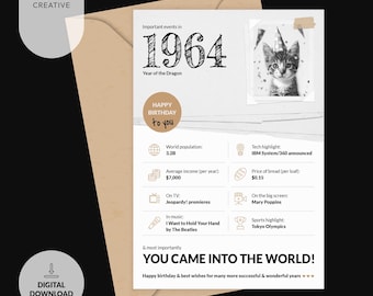 Printable 1964 Card - 62nd Birthday | Retro Facts from 1964 | Instant Digital Download