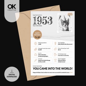 Tarjeta imprimible de 1953 - 73.º cumpleaños / Datos retro de 1953 / Descarga digital instantánea