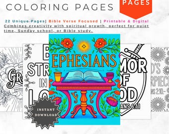 May include: Digital coloring pages titled "Ephesians Coloring Pages" with 22 pages. The cover features a colorful illustration of an open book on a table, with the word "Ephesians" in orange. Includes the text "Instant Download".