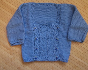 Beautiful hand knitted blue cotton sweater for a baby or toddler.