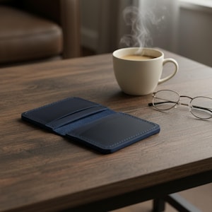 Op de afbeelding: Een open marineblauwe leren portemonnee op een houten tafel. Een witte mok koffie met stoom die opstijgt staat ernaast, samen met een bril met zilveren montuur. De portemonnee heeft meerdere kaartsleuven.