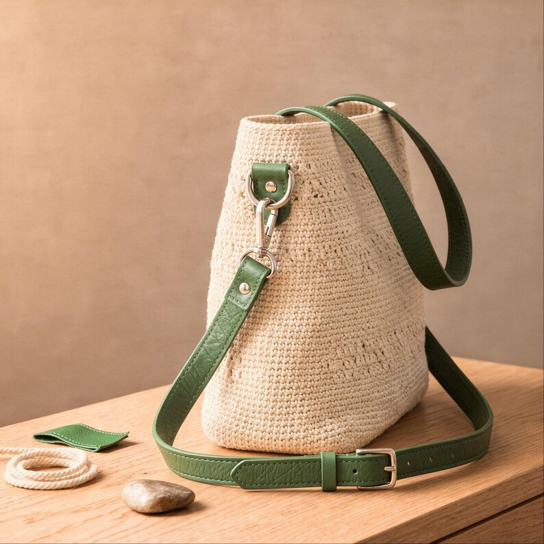 May include: A cream-colored, crocheted bucket bag with a green leather strap and silver-tone hardware. The bag is on a wooden surface, with a small green leather patch, a coiled rope, and a small stone nearby. The bag has a textured appearance.