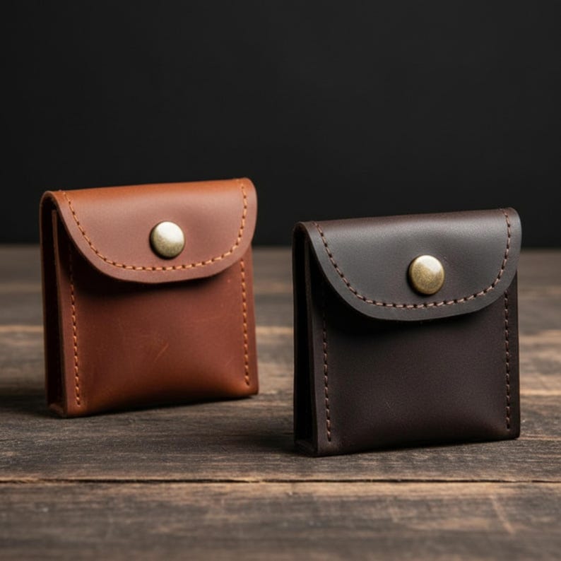 May include: Two small leather pouches in shades of brown and dark brown. Each pouch has a curved flap secured with a brass-colored snap. The pouches are stitched with a contrasting thread, and sit on a wooden surface.