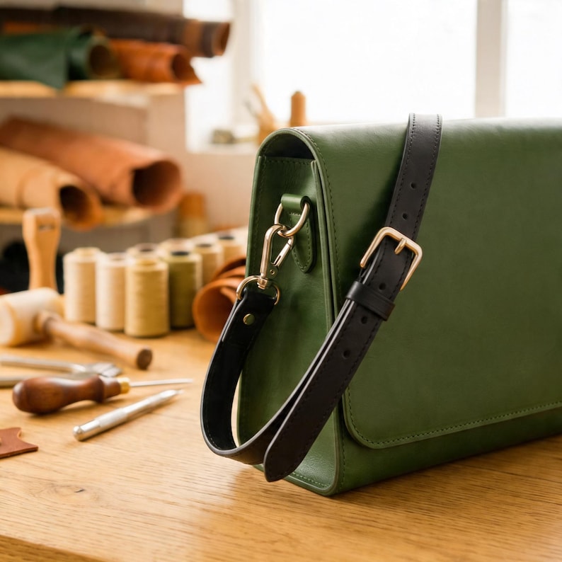 May include: A green leather crossbody bag with a black strap and gold-colored hardware. The bag is rectangular with a flap closure. The background shows leather crafting tools and materials, including spools of thread and rolls of leather.
