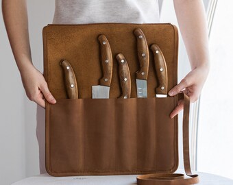 Custom leather knife roll, Leather chef knife roll, Personalized knife roll, Kitchen knife roll, Leather knife holder, Knife storage roll