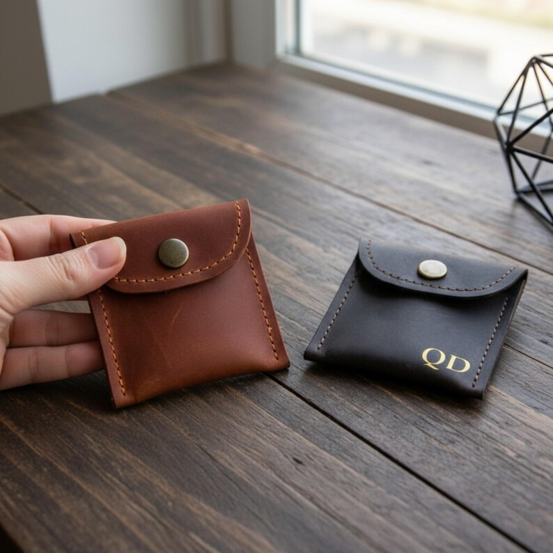 May include: Two small leather pouches. One is a light brown color, and the other is dark brown. Both have a button closure and stitched edges. The dark brown pouch has the gold letters "QD" on the front.