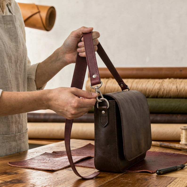 May include: A dark brown leather crossbody bag with a burgundy strap. The bag has a flap closure and silver-tone hardware. The strap is being attached to the bag. The bag is sitting on a wooden surface.