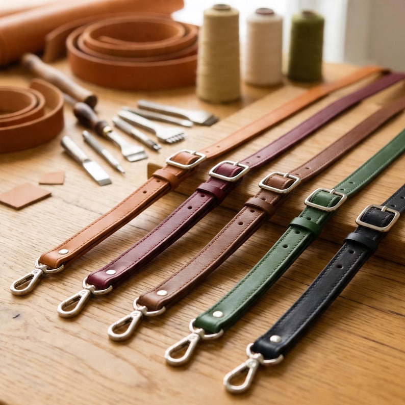 May include: A collection of leather straps in various colors, including brown, burgundy, green, and black, with silver-tone metal hardware. The straps are arranged on a wooden surface, with leather crafting tools and spools of thread in the background.