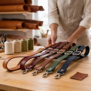May include: A selection of leather straps in various colors, including brown, burgundy, and green, with silver-tone buckles and clasps. The straps are arranged on a wooden surface, showcasing their design and craftsmanship. The image suggests a focus on leather goods.