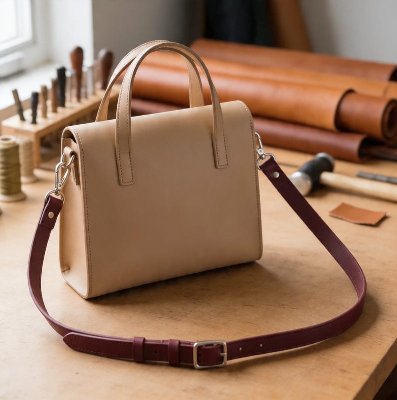 May include: A beige leather handbag with a burgundy shoulder strap and silver hardware. The bag has a rectangular shape with a top handle and a detachable strap. The bag is sitting on a wooden surface.