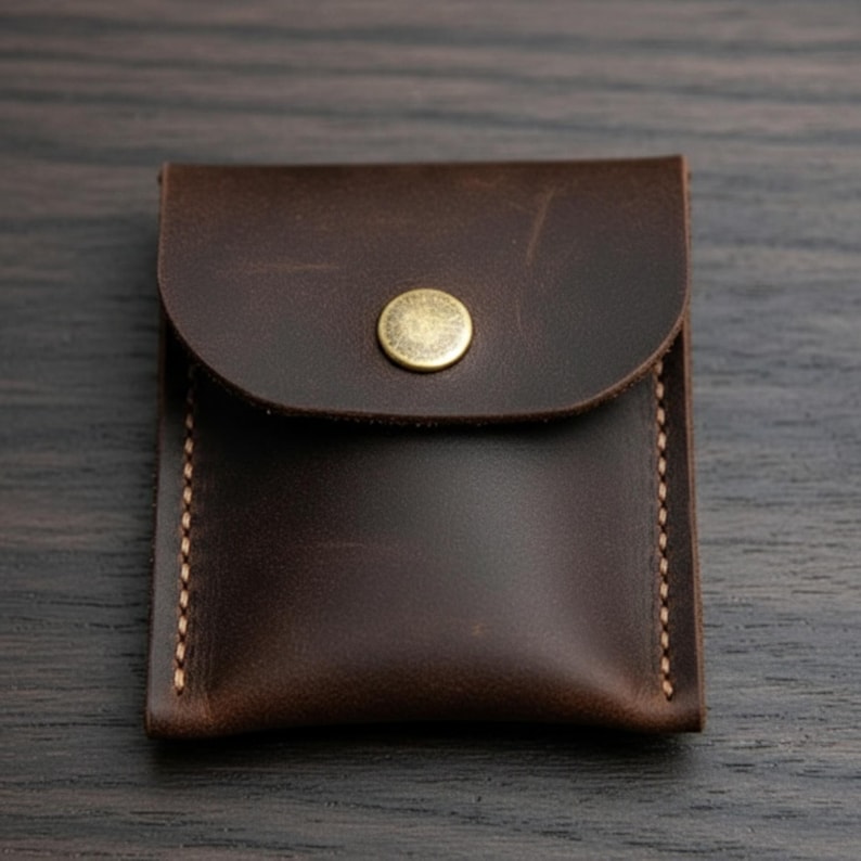 May include: A small, dark brown leather pouch with a rounded flap and a brass snap closure. The edges are stitched with light-colored thread. The pouch is likely designed to hold small items like coins or cards.