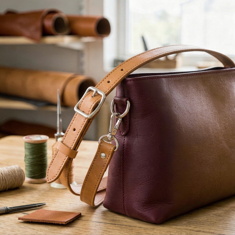 May include: A handcrafted leather handbag in a two-tone design, featuring a rich burgundy body and a tan strap. The bag has a silver buckle and a detachable strap. The background shows leather rolls and sewing supplies.