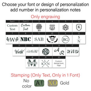 May include: Image showcasing font and design options for personalization. Includes various fonts, symbols, and initials, with the text "Custom Text" and "Best Dad Ever". Also shows stamping options with "AI" and "XO" in gold and green.