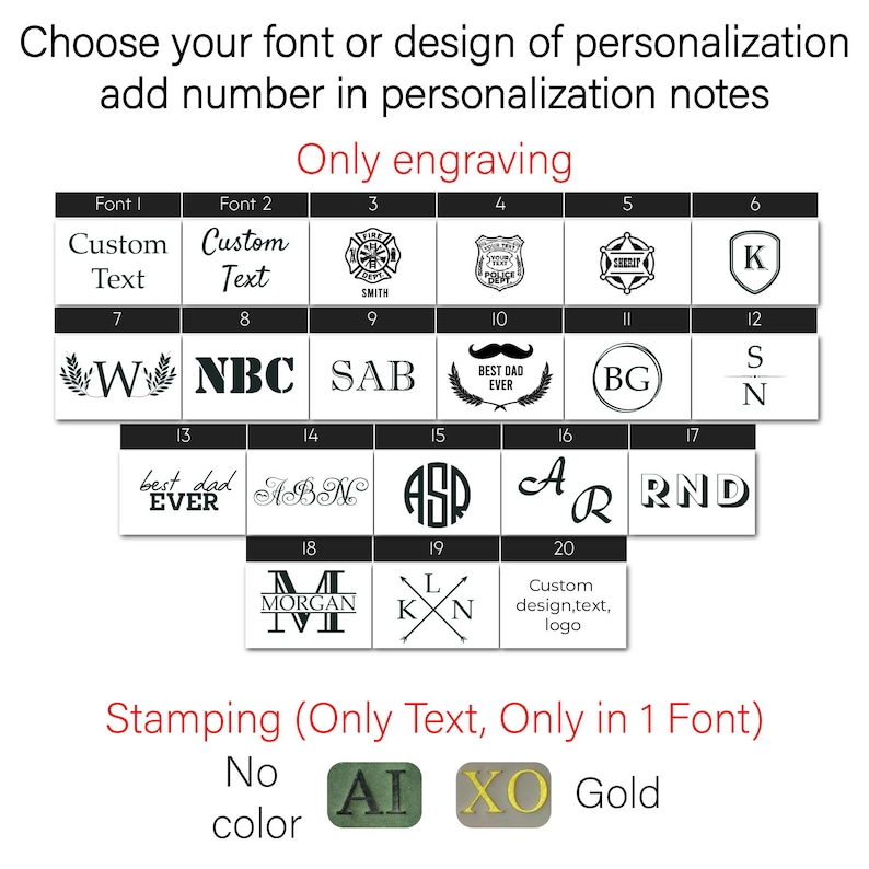 May include: Image showcasing font and design options for personalization. Includes various fonts, symbols, and initials, with the text "Custom Text" and "Best Dad Ever". Also shows stamping options with "AI" and "XO" in gold and green.