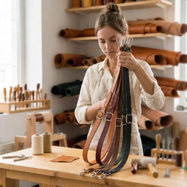 May include: A collection of leather straps in various colors, including brown, burgundy, and black, with silver-tone hardware. The straps are held by a person in a workshop setting, with leather rolls and tools visible in the background.