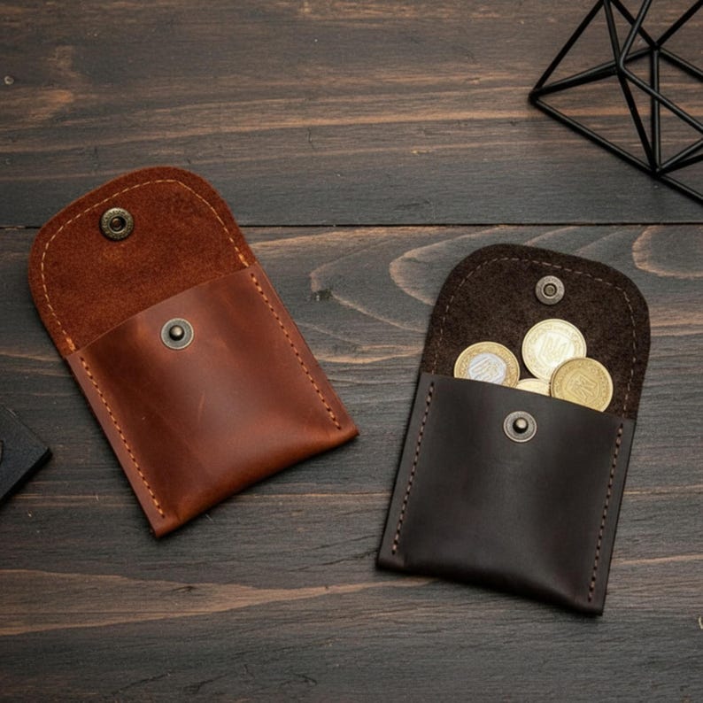 May include: Two leather coin purses, one brown and one dark brown, are displayed on a wooden surface. The brown purse is closed, while the dark brown purse is open and filled with coins. Both purses have a snap closure.