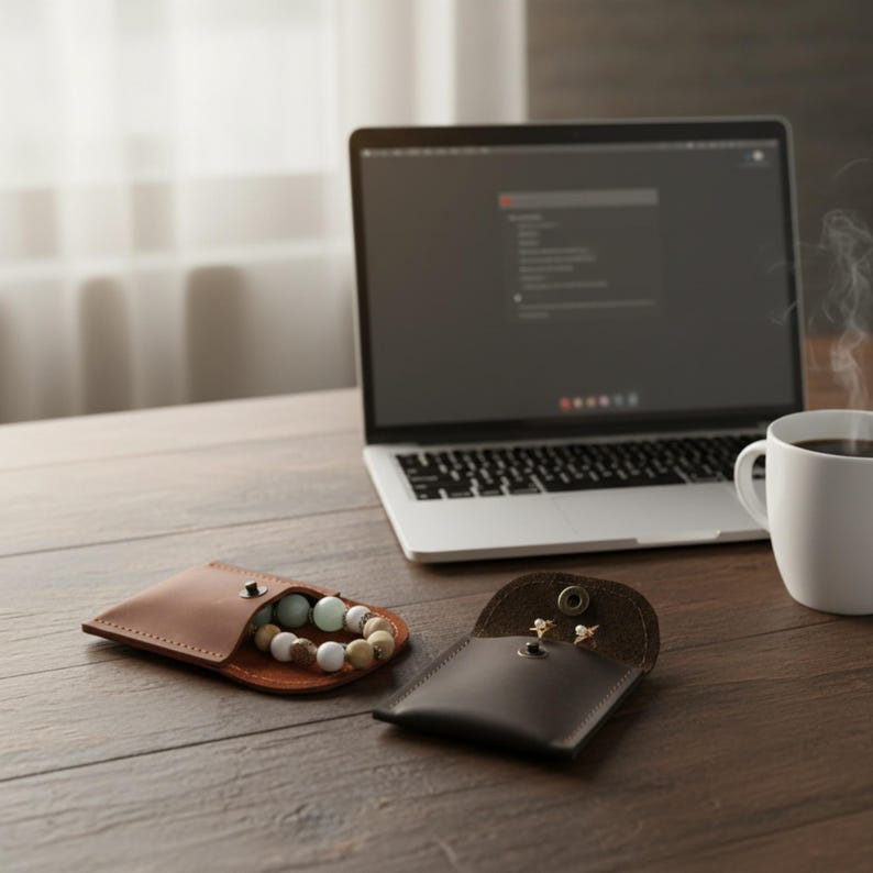 May include: A brown leather pouch with a snap closure, open to reveal a beaded bracelet with cream, green, and tan beads. A second, smaller dark brown leather pouch is open, displaying small earrings. A laptop and coffee cup are in the background.