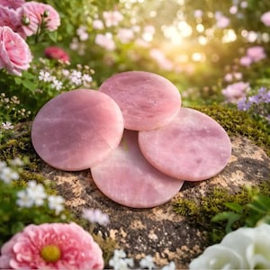 Pode incluir: Quatro pedras de quartzo rosa circulares e lisas com acabamento polido e tom rosa translúcido. As pedras estão dispostas em um grupo, exibindo sua textura cristalina natural e uma coloração rosa pálido consistente e arredondada.