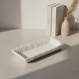 Bandeja Decorativa de Mármore Branco | Bandeja Retangular Escultural para Pequenos Objetos