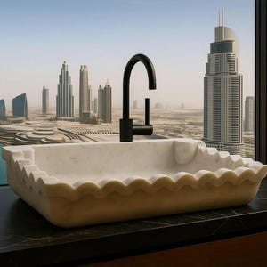 Puede incluir: Un lavabo rectangular de mármol blanco con un diseño de borde festoneado en la parte superior. Un grifo de metal negro mate con caño curvo y una manija lateral única está montado directamente detrás del lavabo sobre una encimera de piedra oscura.