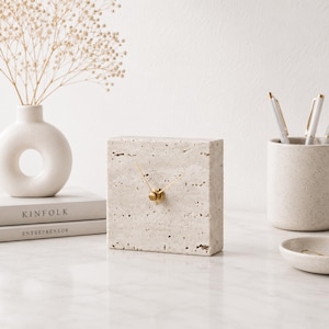 Travertine Marble Desk Clock, Modern Stone Table Clock