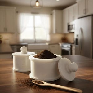 Pode incluir: Recipientes de mármore branco cheios de grânulos castanhos escuros, um aberto com grânulos a derramar. Uma pequena colher de madeira descansa perto. A cena é montada numa mesa de madeira numa cozinha.