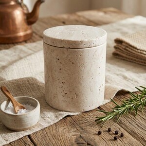 Minimalistische Travertin Stenen Pot met Deksel – Handgemaakte Betonnen Opbergpot
