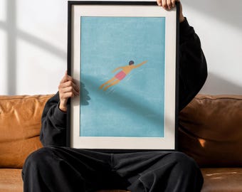 Nadador - Impresión minimalista de arte de pared de piscina, póster abstracto moderno de agua
