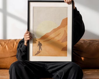 Atardecer marroquí: arte mural minimalista con un cálido desierto, impresión de viaje abstracta moderna