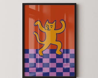 GATTO DANZANTE - Stampa astratta e colorata di animali, poster da parete moderno e minimalista
