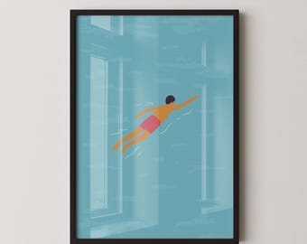 IL NUOTATORE - Stampa artistica minimalista per parete piscina, poster astratto moderno sull'acqua