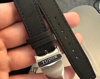 Tudor Leather Strap Nylon Watch Band Black with Deployment Stainless Steel. 20mm 21mm 22mm