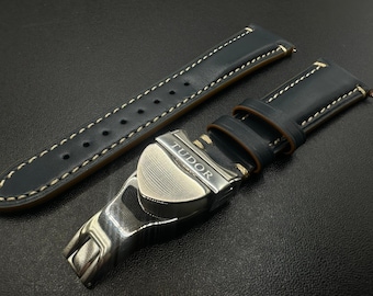 22MM Tudor Blue Leather Strap Watch Band with Deployment Stainless Steel.