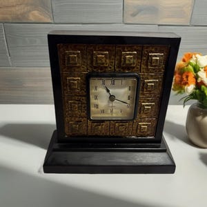 Hand-Painted Wood & Faux Metal Table Clock – Rustic Craftsman Style, Quartz Movement