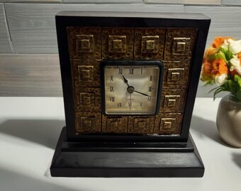 Hand-Painted Wood & Faux Metal Table Clock – Rustic Craftsman Style, Quartz Movement