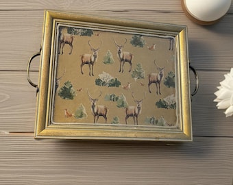 Upcycled Woodland Resin Tray – Gold Frame, Metal Handles
