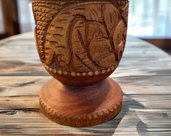 Vintage Hand Carved Wooden Goblet | Folk Art Decorative Vessel | Rustic Boho Home Decor | Carved Wood Cup