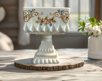Vintage Milk Glass Pedestal Dish/Planter with Hand-Painted Floral Garland