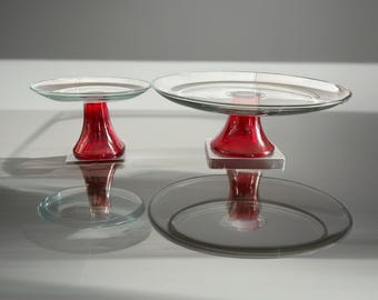 Anchor Hocking Glass Pedestal Stand Set | Red Base Cake & Dessert Stands | Made in USA