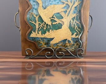 Reclaimed Wood Art Tray | Resin Bird Scene Decor