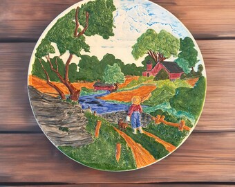 Vintage Ceramic Farm Wall Plaque, Hand Painted Country Cottage Decor, Rustic Barn Wall Art, Raised Relief Farmhouse Decor, 1970s