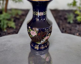 Vintage Cobalt Blue Japanese Vase with Peacock & Floral Motif Gold Accents