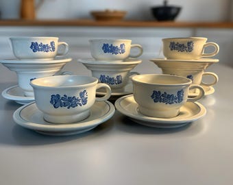 Vintage Pfaltzgraff Cup & Saucer Set – Set of 8 | Blue Floral Stoneware