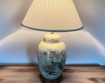 Vintage Chinoiserie Peacock Porcelain Ginger Jar Table Lamp | 31.5” | Wood Base