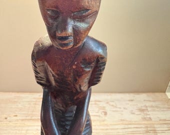 Primitive Wood Carving • Vintage Tribal Art Statue • Handcrafted Ethnic Decor • Boho Shelf Sculpture