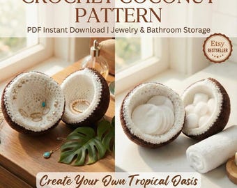 Patrón de cuenco de coco a crochet / Organizador de joyas y spa tropical / Decoración bohemia / Fruta amigurumi / Descarga digital en PDF