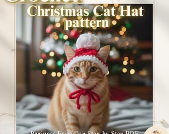 May include: A ginger cat wearing a red and white crocheted Christmas hat and a red bow. The image includes the text "Crochet Christmas Cat Hat pattern" and "Beginner Friendly Step-by-Step PDF digital download."